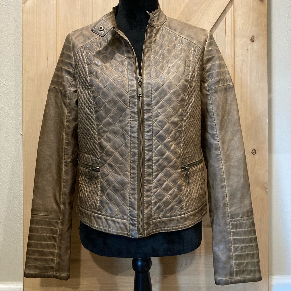 Jou Jou Women's Brown Quilted Faux Leather Moto Jacket Grunge Distressed Large - Picture 3 of 16